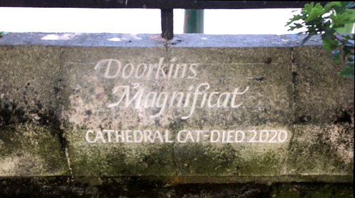 Doorkins' name inscribed on the cathedral's churchyard wall, 2021