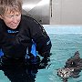 Mog, the swimming cat from Lostwithiel, Cornwall, with hydrotherapist Ros Boisseau