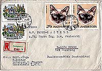 Cat stamps on commercial registered cover, Hungary, 1968