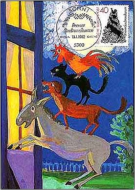 Maxicard, Bremen Town Musicians with 1982 German stamp