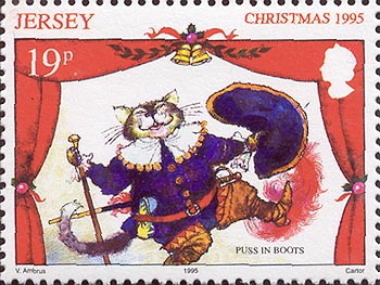 Puss in Boots - Christmas stamp from Jersey, 1995, showing Puss in pantomime