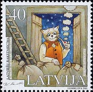 Stamp issue of 2001 celebrating Latvian literature, showing Puss in his water mill