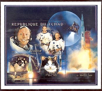 Space cat Felicette, incorrectly named as Felix, shown with Laika on one of a series of stamp sheets from Chad showing aspects of space travel
