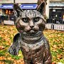 Closeup of Street Cat Bob's statue, Islington Green, London - July 2021